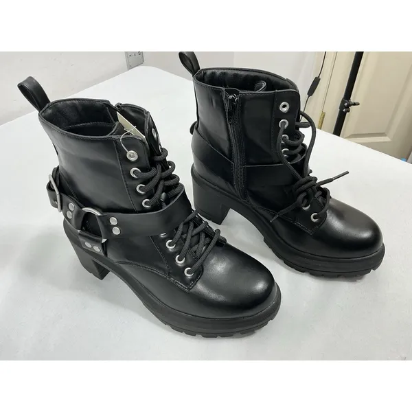 Womans NWT NOBO Ankle Moto Boots Size 7.5 Black Chunky Heel Lace Up Side Zip - Image 2
