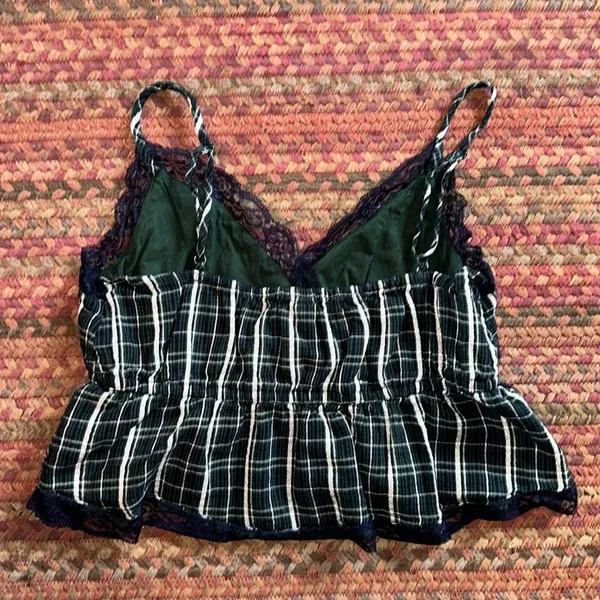 American Eagle Navy & Green Plaid Lace Cami Top - Image 5
