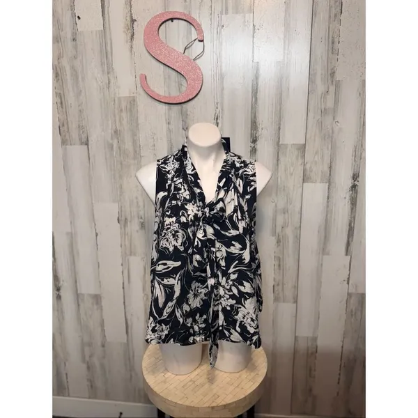 Tommy Hilfiger Sleeveless Floral Tie-Front Blouse Navy White Size S NWT - Image 2