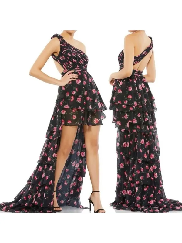Mac Duggal 70246 One Shoulder Ruffled Rose Floral Gown Maxi Dress Black size 4 - Image 2
