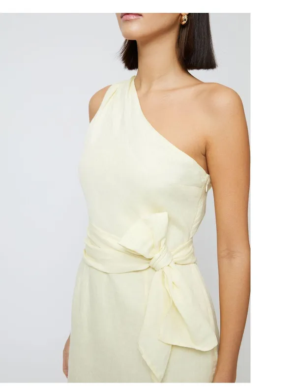 French Connection Linen Birdie Yellow One Shoulder Dress - Image 3