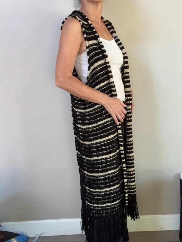 Chico’s Black & Gold striped Faron Knit Fringe long open front sweater vest XL 3 - Image 2