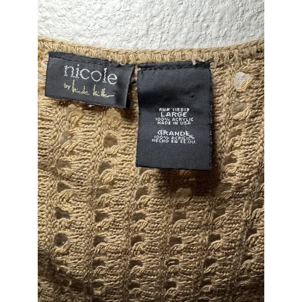 Nicole by Nicole Miller Tan Crochet Knit Vest Pointelle V-Neck Single Button L - Image 2