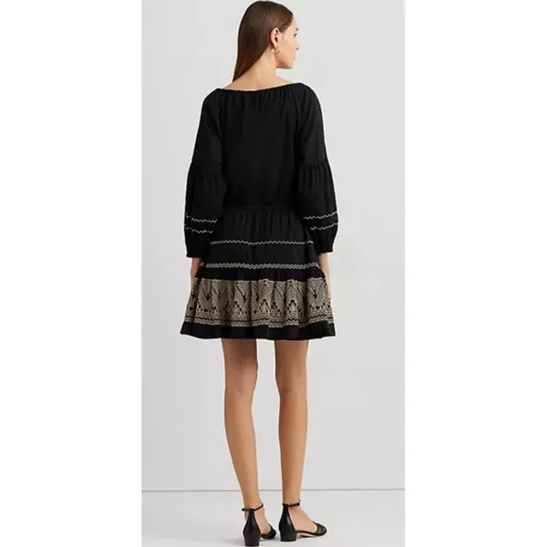 Polo Ralph Lauren Embroidered Peasant Midi Dress Black Size 2 Cotton Voile - Image 2