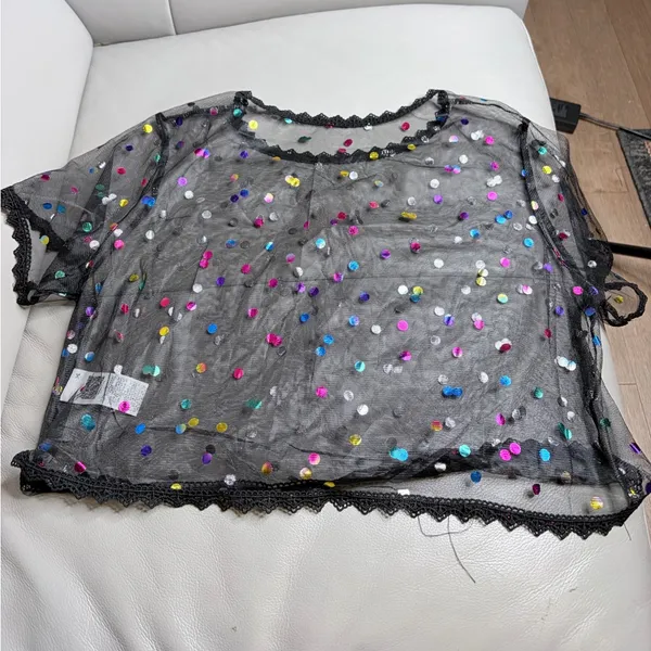 SheIn Black Mesh Boxy Sequin Top Sheer Evening Size 0XL - Image 2