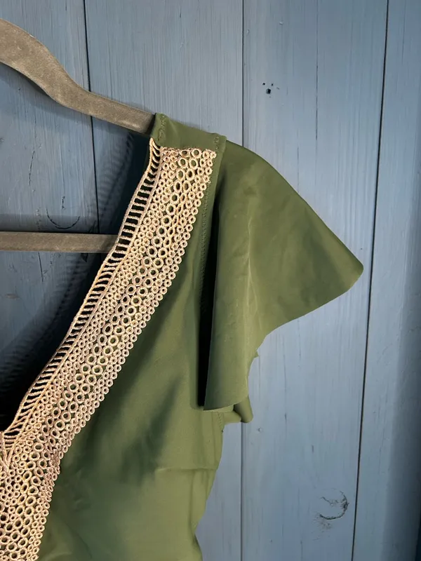 “B” Olive Green One-Piece Swimsuit w/ Crochet V-Neck & Flutter Sleeves | M (New) - Image 6