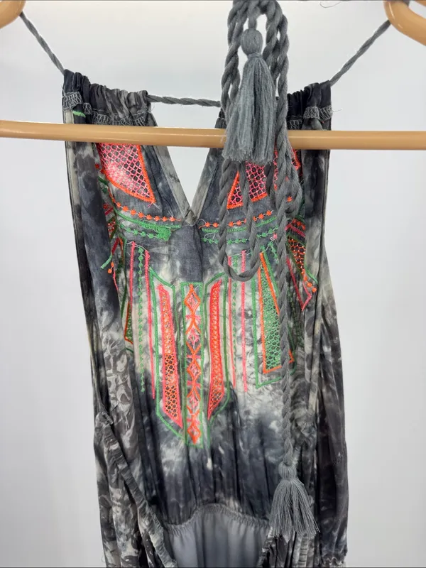 Flying Tomato halter open back Maxi Dress Gray Tie-Dye neon embroidered M summer - Image 6