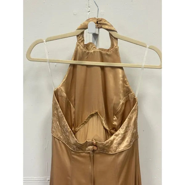 Vintage Jessica McClintock Gunne Sax Gold Satin Halter Maxi Dress Embroidered - Image 5