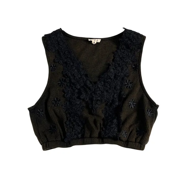 POL Embroidered Floral Cropped Vest Size Small Brown Black Boho Y2K - Image 2