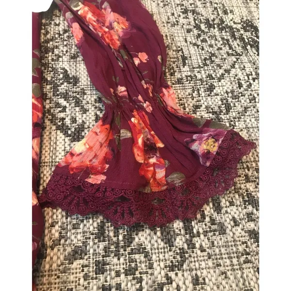 Altard State Burgundy Floral Ruffle Lace Sleeve Tunic‎ Dress Size L - Image 3