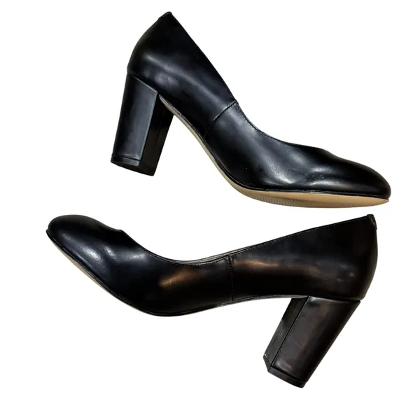 Lands End Pumps Size 7.5B Black Leather 3" Block Heel Neutral Classic Minimalist - Image 8