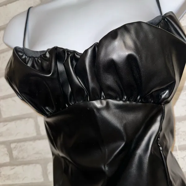 Pretty Little Thing New Black Faux Leather Ruched Bust Cami Top - Image 3