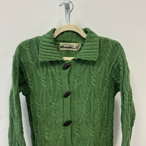 Vintage Aran Crafts Merino Wool Cable‎ Knit Button Cardigan Sweater Green XS - Image 4