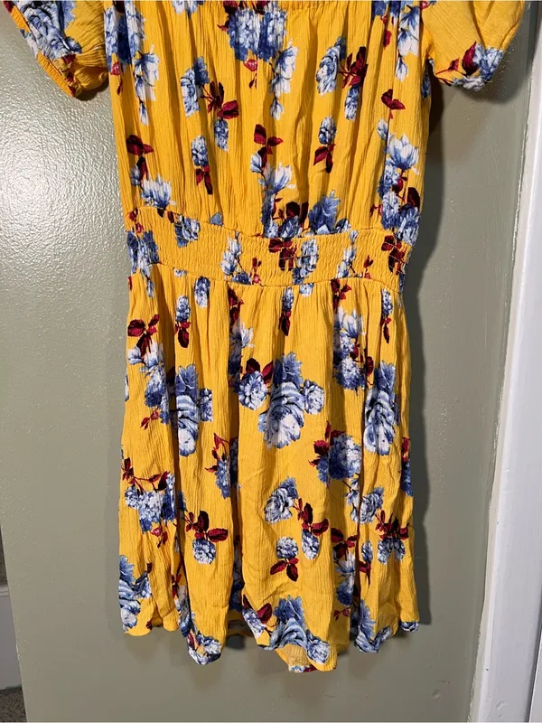Womens Off Shoulder Mini Dress Yellow Burgundy Blue Floral Smocked Elastic Waist - Image 8
