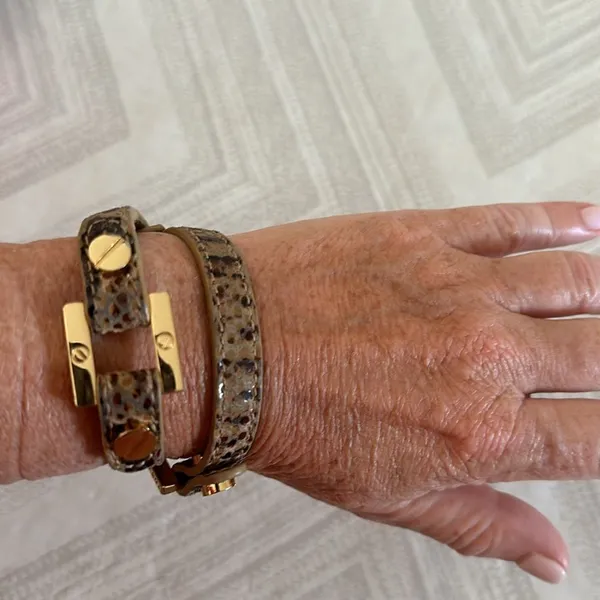 Tory Burch Brown/Tan Animal Print Leather w/ Gold Grommets Double Wrap Bracelet - Image 6