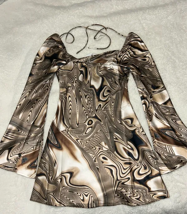 Princess Polly NWT Cream & Brown Flare Long Sleeve Corban Mini Dress - Image 9