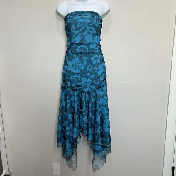 VTG Y2K 90s Sz 10 Asymmetric‎ Dress Fairy Midi HOCO Floral Mesh Strapless Ruffle - Image 3
