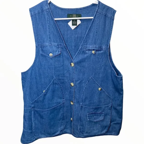 Vintage Orvis Denim Fly Fishing Vest Utility Cargo Button Front Medium Wash L - Image 2