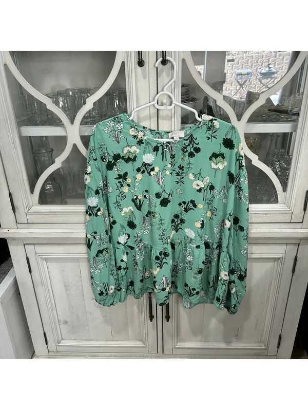 LOFT Floral Peplum Blouse Women XL Mint Green Long Balloon Sleeve Cottage Y2K - Image 2