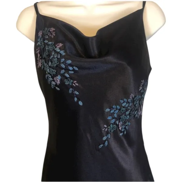 Y2K Alex Evenings navy beaded slip cowl neck floral satin formal Gown small - Image 5