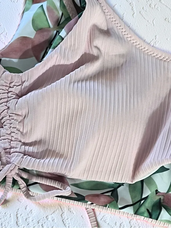 CUPSHE Reversible Ribbed Bikini Set Size S Peach & Leaf Print - Image 9