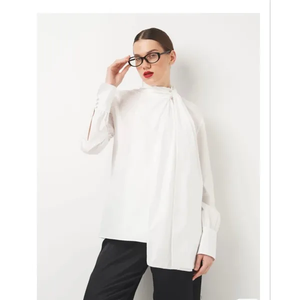 Zara White Poplin Tie Neck Oversized Blouse Size Small 8775/545 Chic Preppy - Image 9