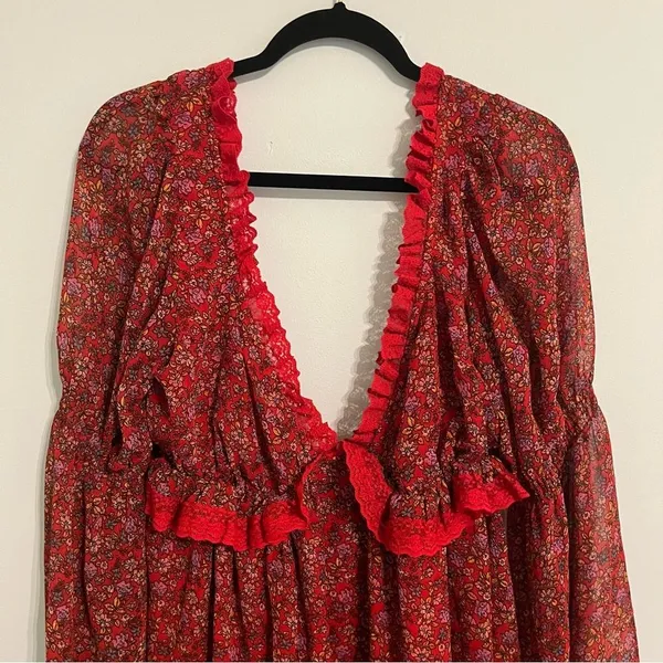 Free People Dress Pennie Babydoll Mini Red Floral Chiffon Boho Open Back… - Image 3