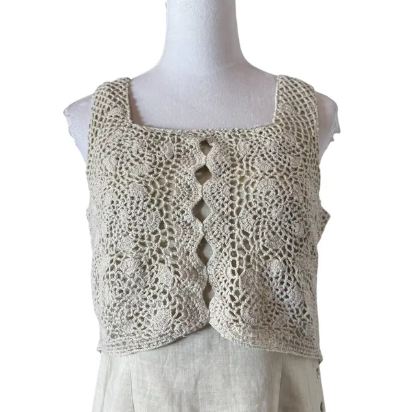 Vintage Y2K 100% Linen Maxi Dress Size 8 Crochet Button Up Fairy Coastal Boho - Image 6