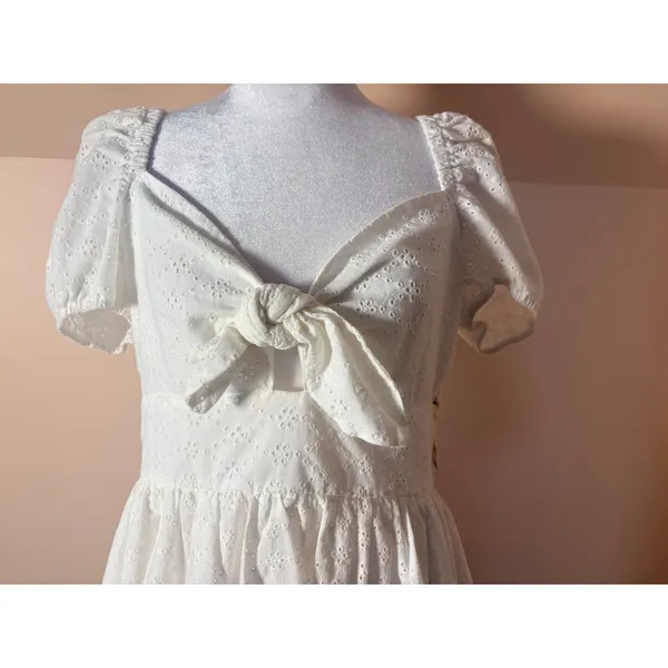 Bar‎ III Eyelet Mini Dress Womens 10 White New Tie Front Puff Sleeve Cotton - Image 8