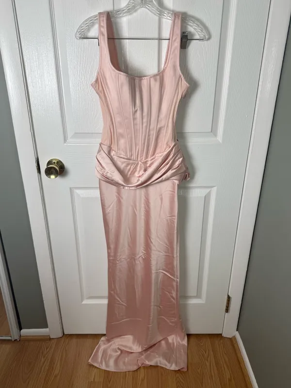 House of CB Kira Blush Pink Satin Gathered Maxi Dress XS - Image 11