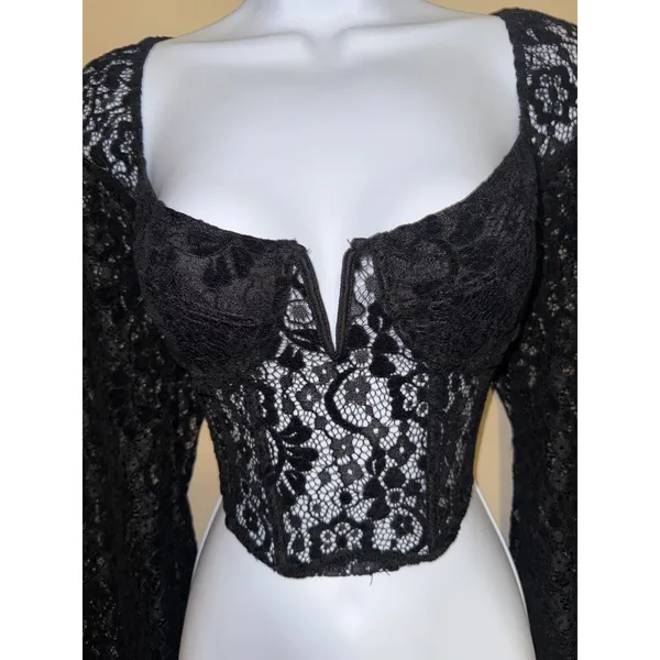 Black Lace Long Sleeve Corset Crop Top M Whimsigoth Dark Academia Festival - Image 3