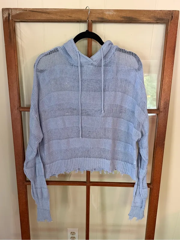 BKE Ribbed Open Weave Hooded Cropped Knit Sweater Kentucky Blue Size Large - Image 4
