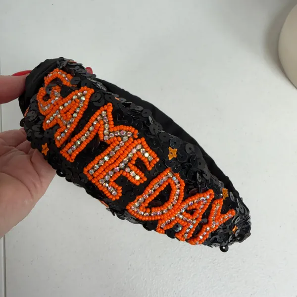 Headband Knotted Sequin Gameday Beaded Orange Black Sports Fan Gear Spirit Week - Image 5