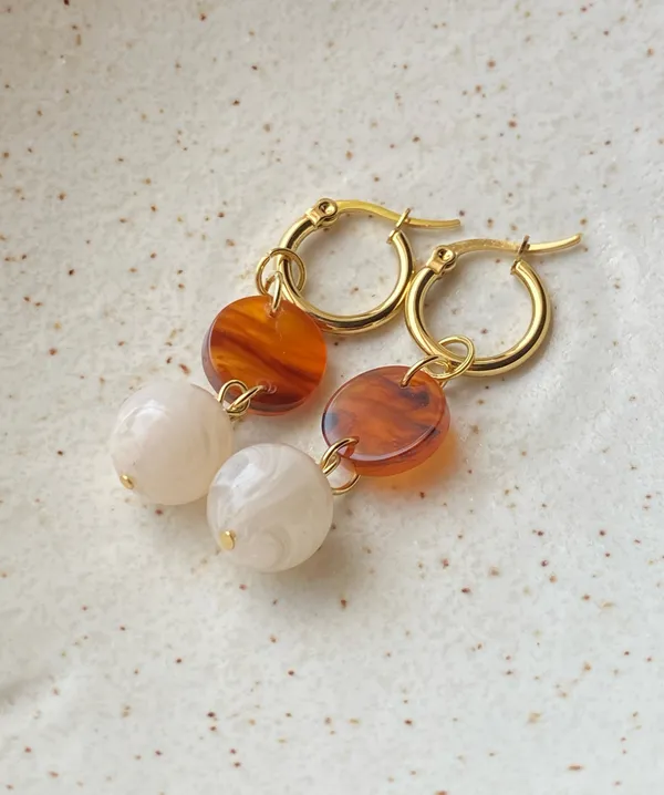 Handmade German acrylic beads & tortoiseshell hoop 2WAY dangle earrings🤎 - Image 5