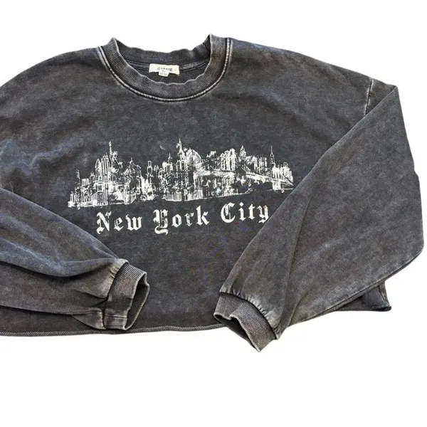 Garage Cropped New York City Sweatshirt Black Washed Graphic Pullover Size L - Image 5
