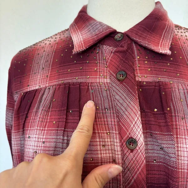 Shyanne Maroon Plaid Long Sleeve Rhinestone Embellished Open Back Button Down - Image 7