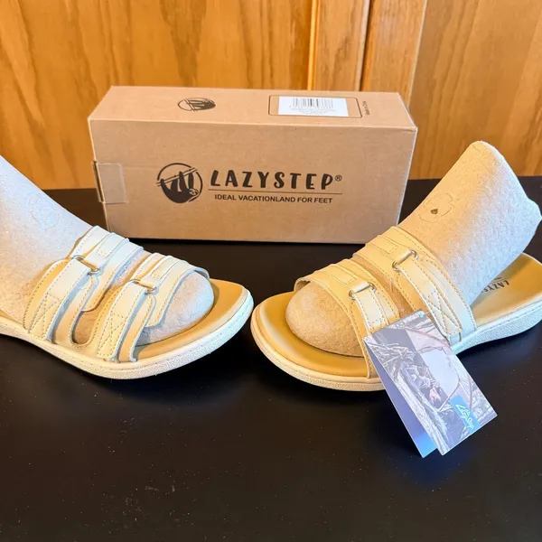 Lazystep Slide Sandals Size 6 Beige New Adjustable Double Strap Comfort Shoes - Image 3