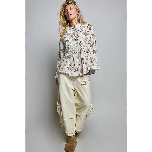 POL Floral Lace Trim Pintuck Button-Down Shirt - Ivory - Large - Image 5
