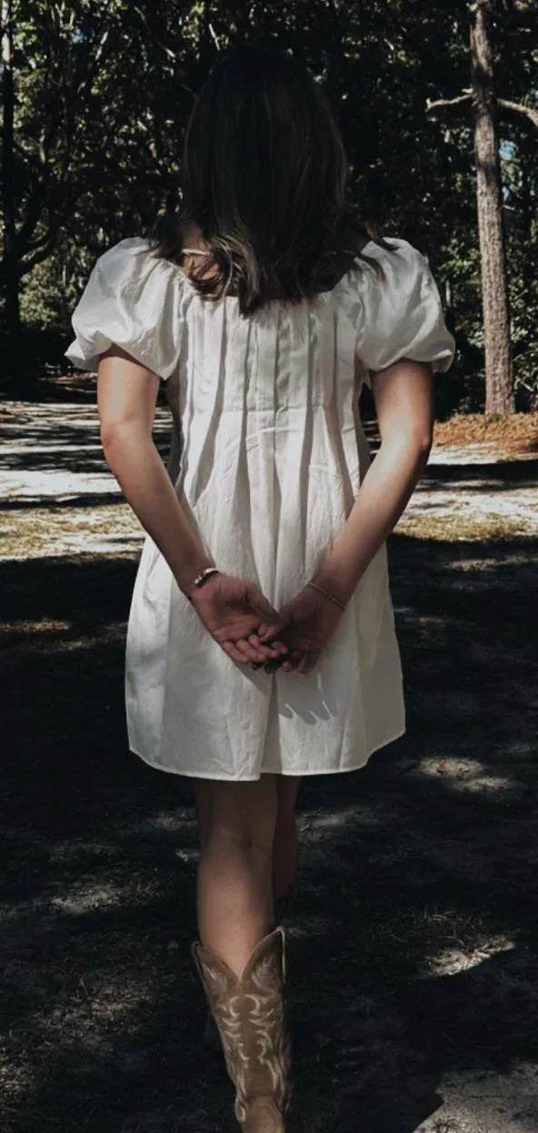 White Puff Sleeved Pleated Square Neck Dress - Image 2