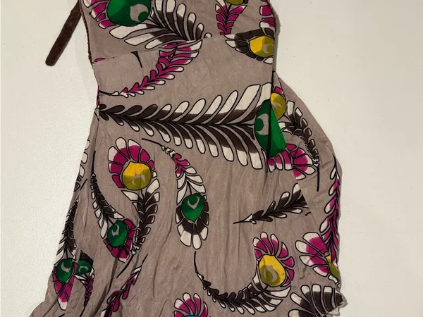 Vintage Sky Multicolor Feather-Print Casual Dress with Braided Brown Waist - Image 9