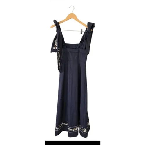 Petal & Pup Navy Blue Linen Blend Floral Embroidered Midi Dress Size Medium - Image 3