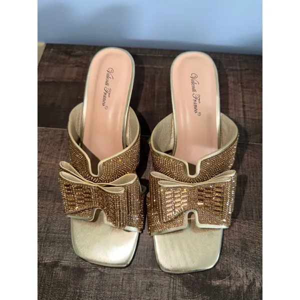 Valenti Franco Becci-3 Womens Gold Rhinestone Bow‎ Block Heel Slide Mules 8.5M - Image 2