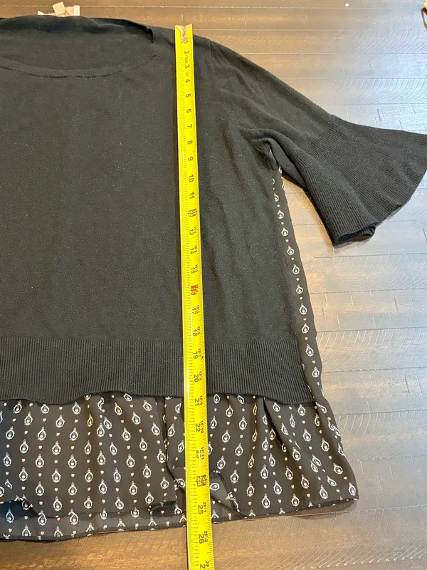 LOFT Black Mixed Media Tunic Top Large Bell Sleeve Printed Flowy Blouse - Image 5