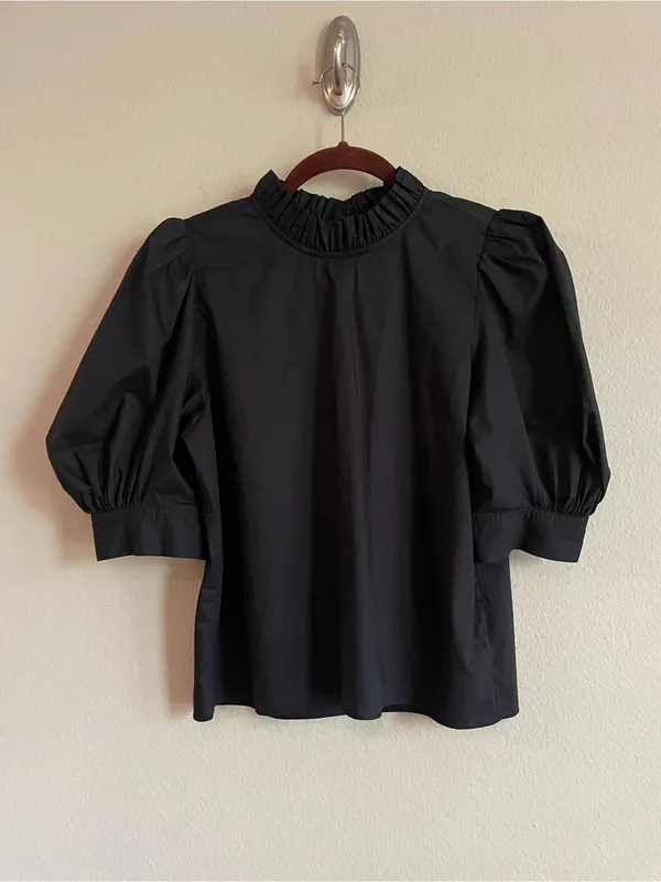 Hunter Bell Stella Top Black Puff Sleeves Ruffle Neck Poplin Blouse Size M - Image 3