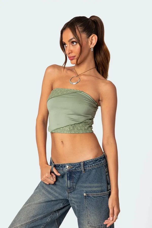 Lace Patchwork Tube Top Edikted Green S - Image 4