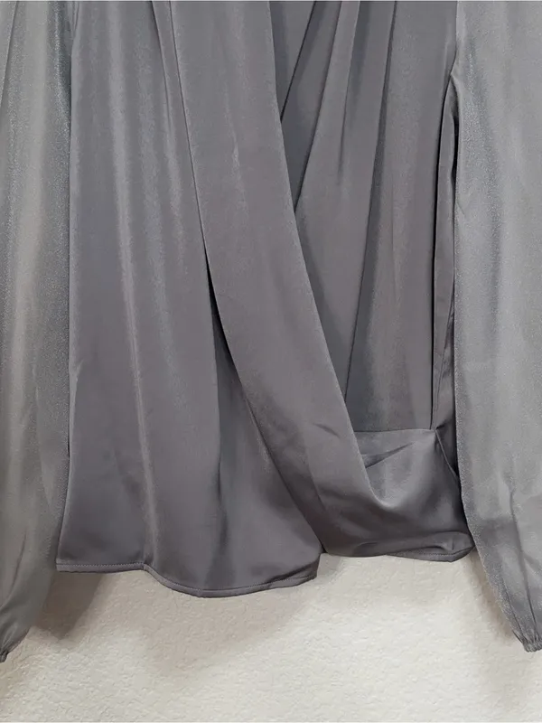 Miss Sparkling Silver Gray Satin Surplice Wrap Blouse Draped Long Sleeve Top - Image 3
