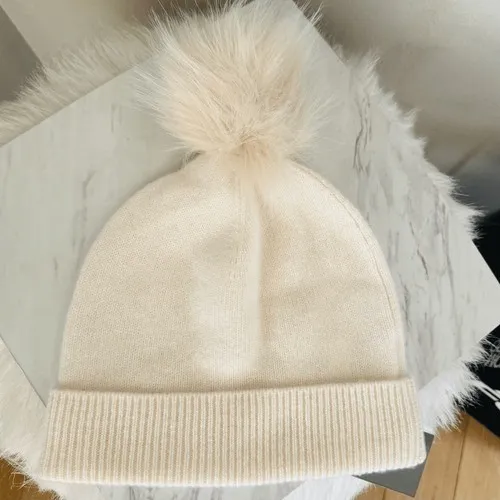 Nordstrom Faux Fur Cashmere Pompom Beanie, 100%Cashmere, Ivory Cream, NWT - Image 8