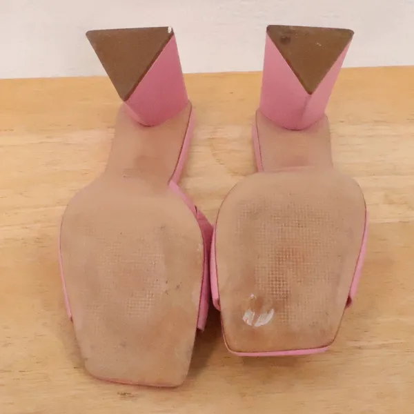 Schutz Pink Leather Mules Womens Size 9.5 Architectural Triangle Block Heel - Image 3