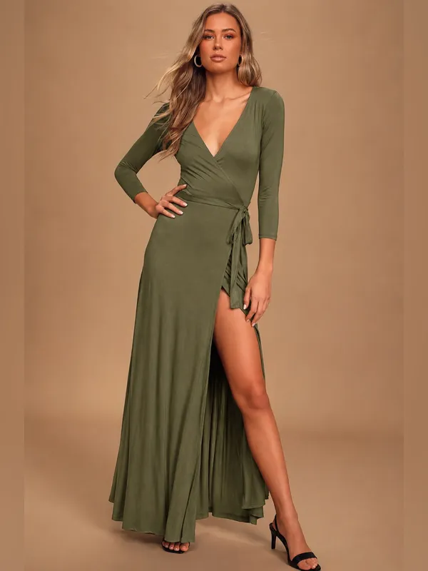 NWOT Lulus Garden District Olive Green Wrap Maxi Dress Size Medium - Image 2