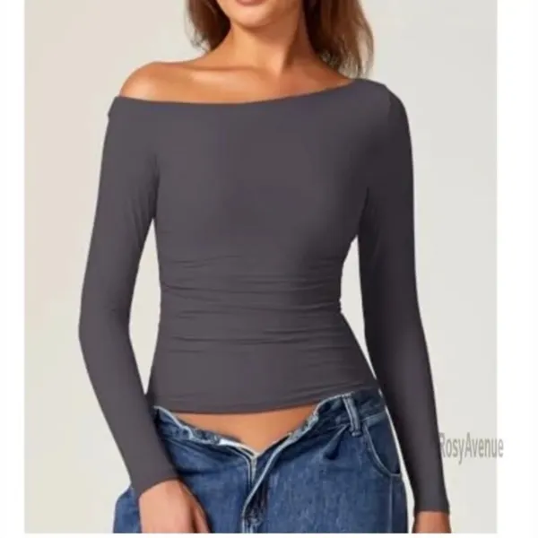 Charcoal Gray Ruched Off Shoulder Long Sleeve Top Size M - Image 2